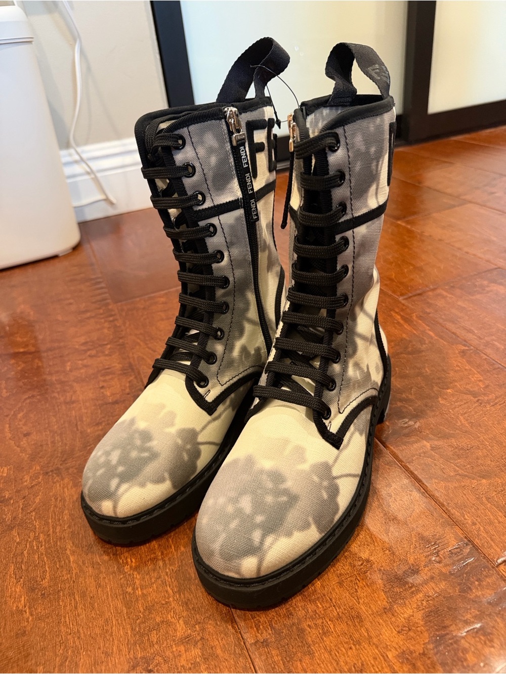 Fendi Black and White Floral Lace-Up Combat Boots